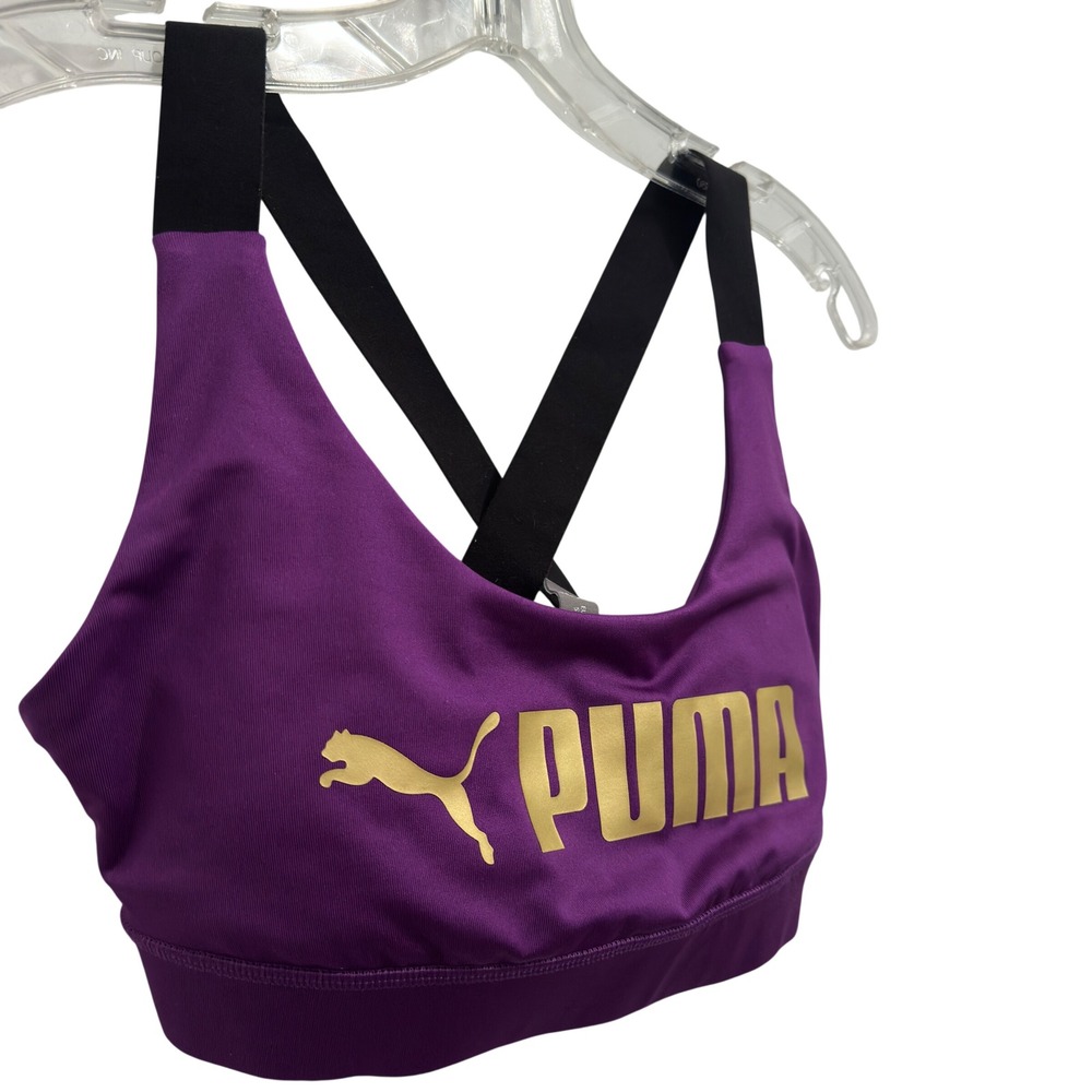 Puma Sports Bra Purple Gold Logo Crossback Straps Racerback Elastic S